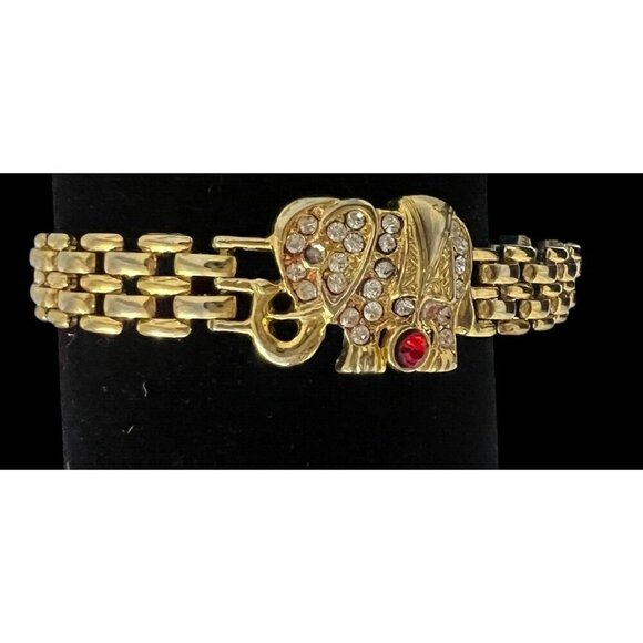 Elephant Gold Tone Link Bracelet Rhinestones And Ruby Jewels Unsigned